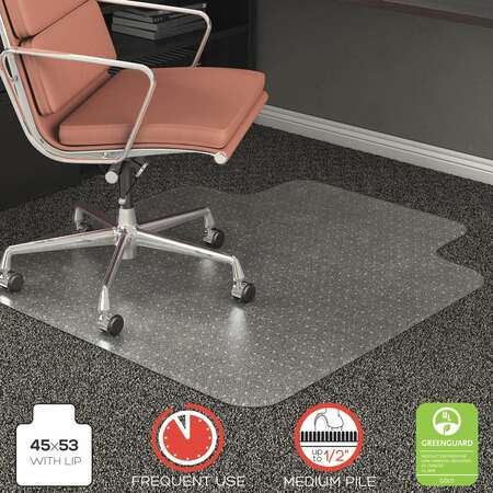 DEFLECTO Frequent Use Chair Mat, Med Pile Carpet, Flat, 45x53, Wide Lip, Clear CM15233
